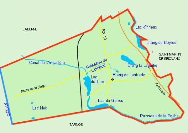 Carte des lacs, étangs et cours d'eau d'Ondres